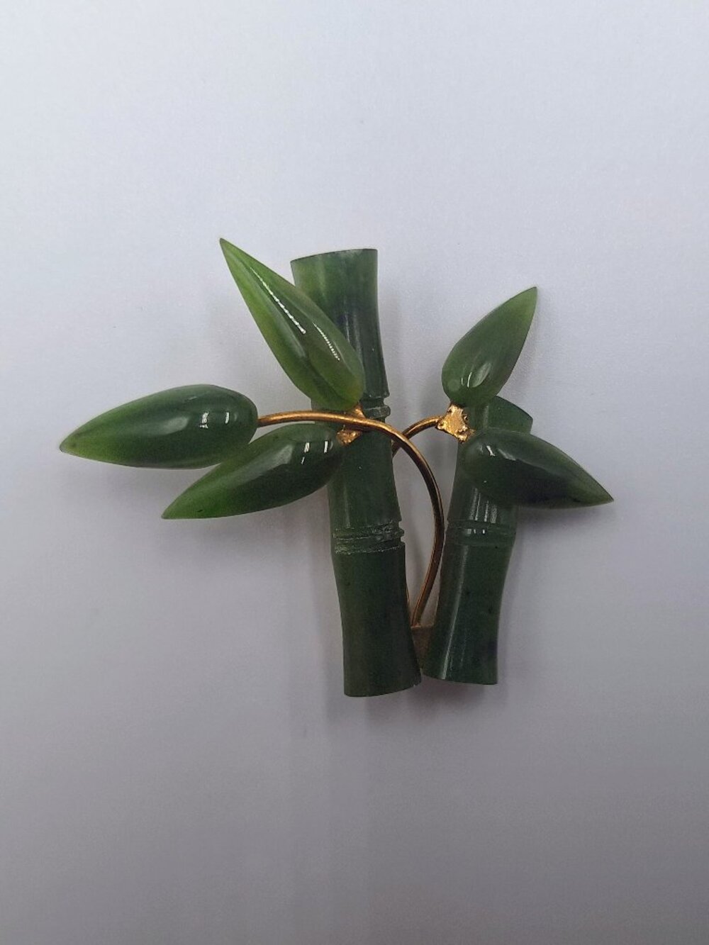 Vintage Carved Jade Bamboo Brooch Pin Nephrite Jade with Gold Tone Accents
